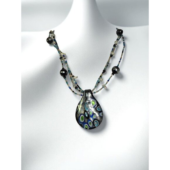 CJ Banks Glass Pendant Peacock Necklace With Multicolor Beads - Picture 4 of 8